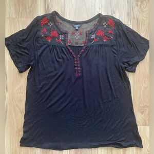 Lucky Brand Short Sleeve Embroidered Top Black Size Large